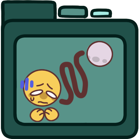 A teal file folder with a distressed person on it. A squiggly line goes from the distressed person to another person.